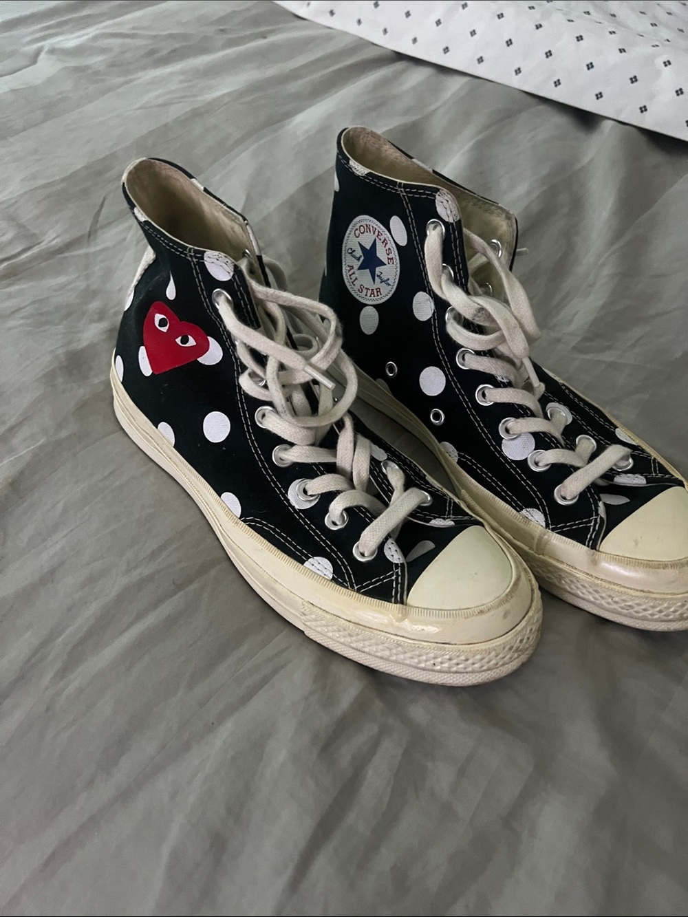 Comme des Garcons Black White Polka Dot High-Top Sneakers with Red Heart